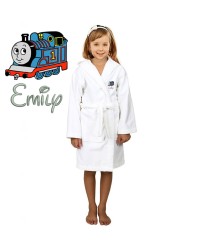 Blue Train Cartoon Design & Custom Name Embroidery on Kids Hooded Bathrobe